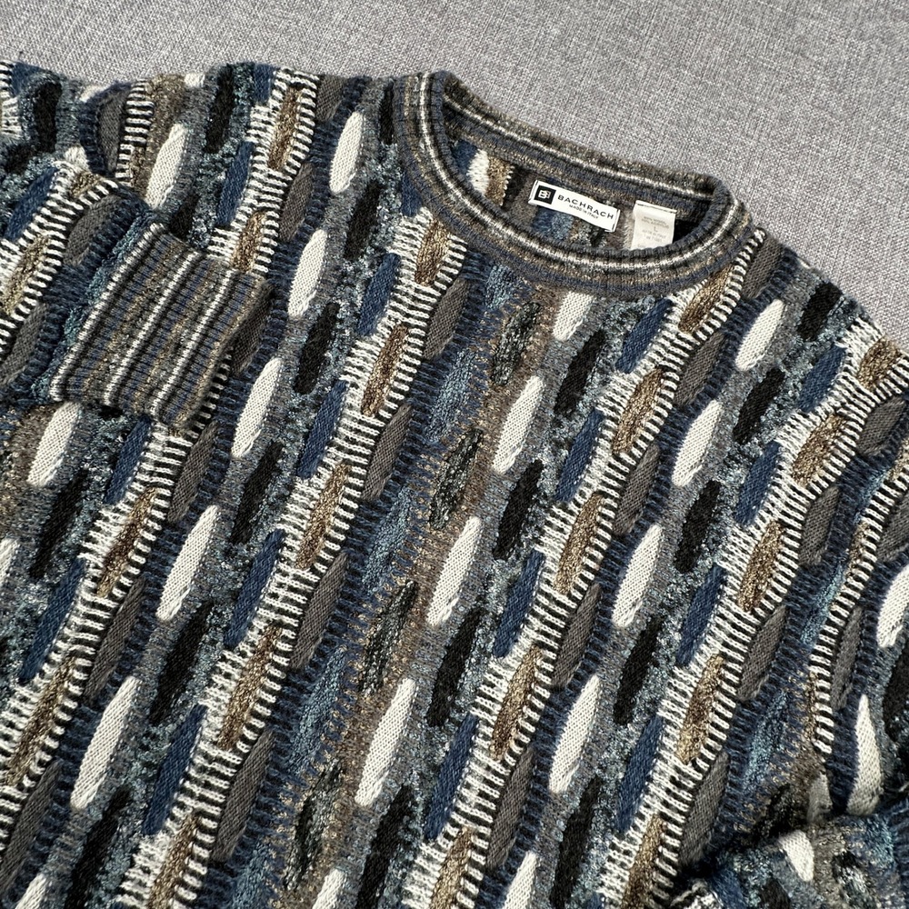 Vintage Bachrach Sweater Mens Large Blue Abstract 3D Textured Knit Made in Italy